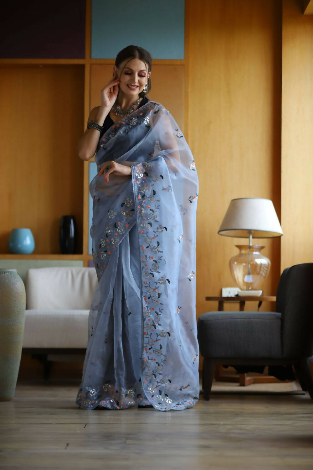 Vamsee Blue Organza Saree - Distacart
