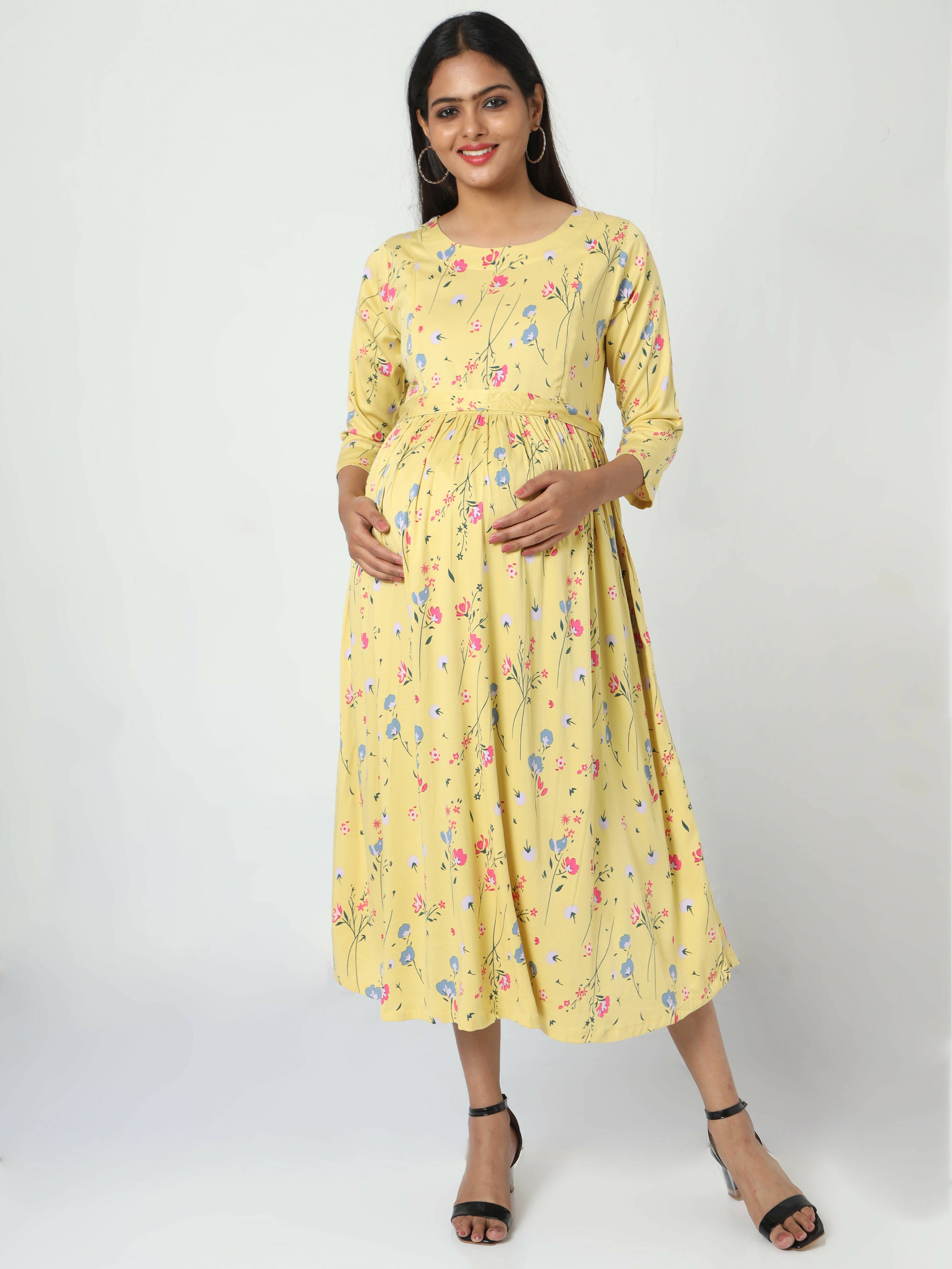 Manet Three Fourth Maternity Dress Floral Print With Concealed Zipper Nursing Access - Yellow - Distacart