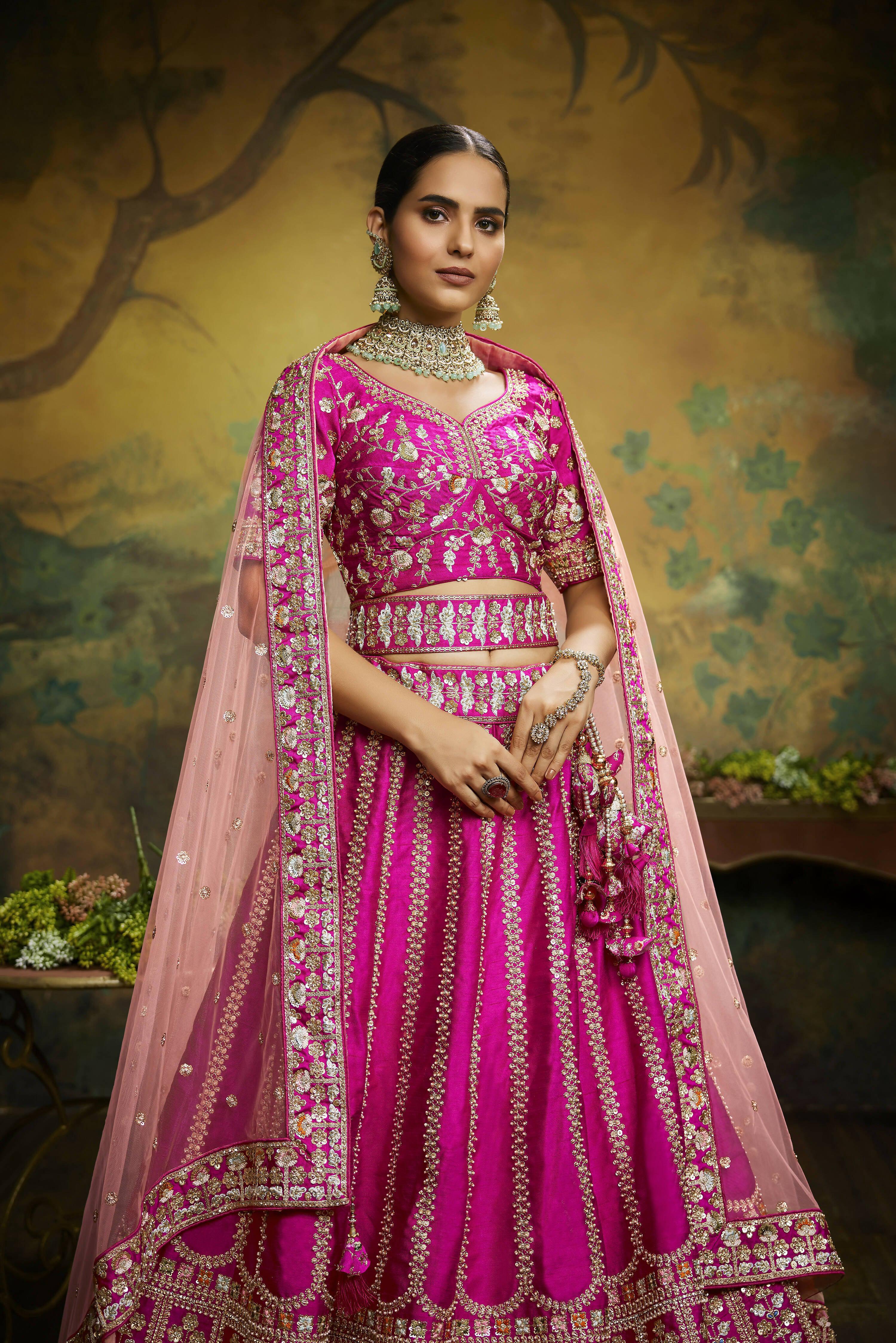 House of Panchhi Pink Pure Silk Moti & Zarkan heavy embroidery Lehenga choli & Dupatta - Distacart
