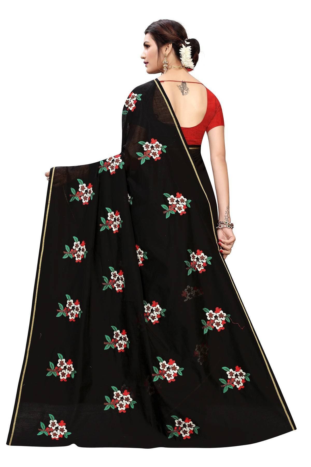 Vamika Black Chanderi Cotton Embroidery Floral Saree