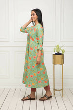 Thumbnail for Myshka Women Green Floral Rayon A-Line Round Neck Kurtas - Distacart