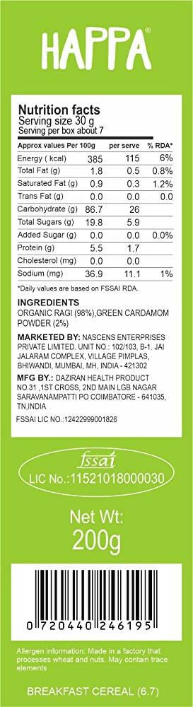 Happa Organic Baby Food Sprouted Ragi Porridge Mix-Stage 2 - Distacart