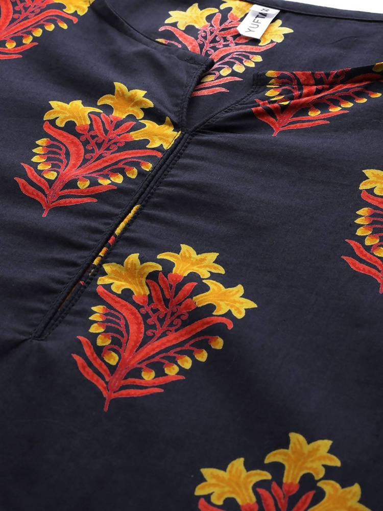 Yufta Navy Blue And Black Kurta And Palazzo Set