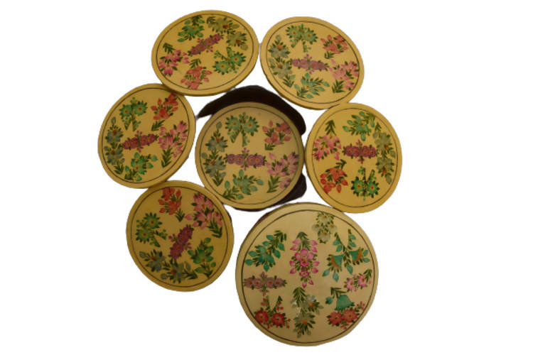 Nizalia Floral Motif Embossed Cream Paper Mache Round Coasters