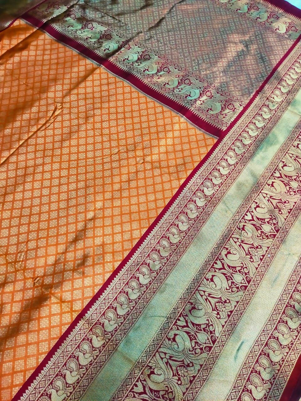 DEIANA'S Beautiful Golden Jari with New Design Soft Lichi Silk Saree - Orange - Distacart