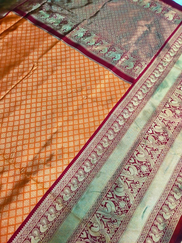DEIANA'S Beautiful Golden Jari with New Design Soft Lichi Silk Saree - Orange - Distacart