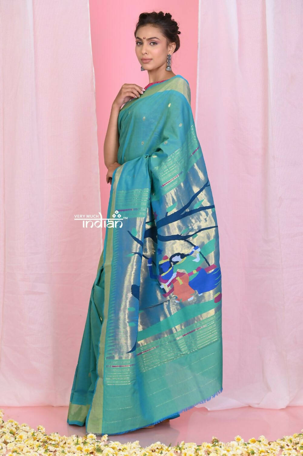 Very Much Indian Handloom Pure Cotton Paithani -Turquoise Blue - Distacart