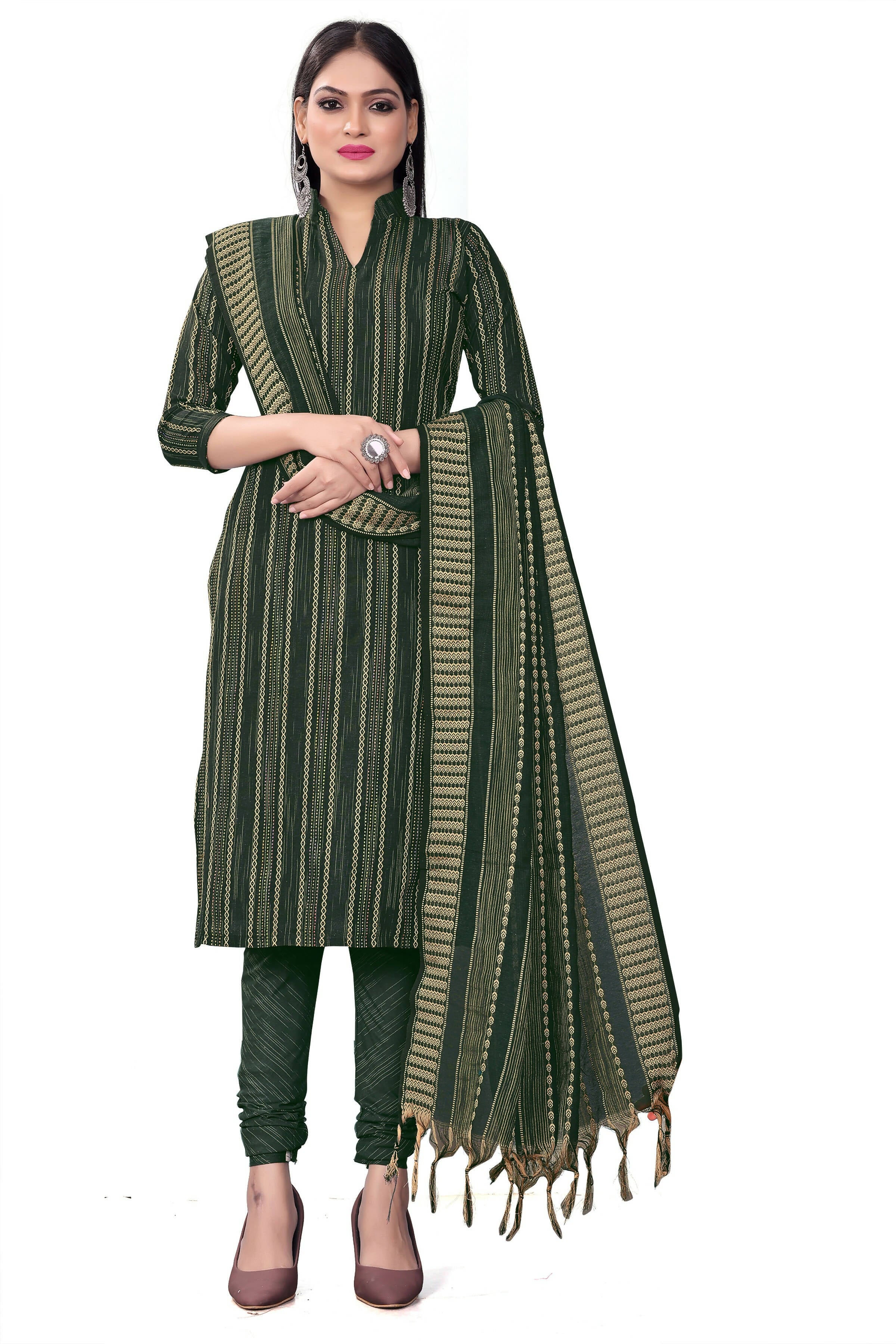 Green Cotton Jacquard Woven Unstitched Dress Material - Tanvi - Distacart