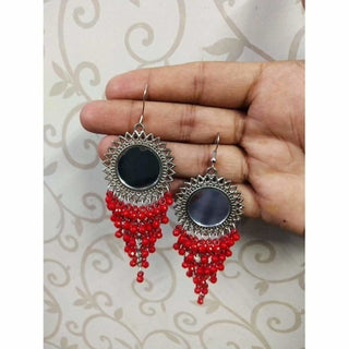Red Color Jhalar Long Drop Party Beads Sun Design Earrings