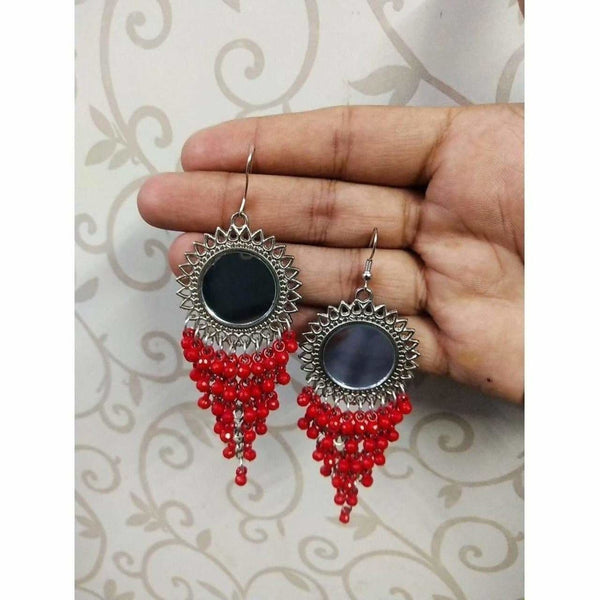 Red Color Jhalar Long Drop Party Beads Sun Design Earrings