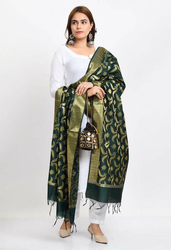 Mominos Fashion Moeza Women's Banarsi Silk Floral Woven Design Bottle Green Dupatta - Distacart