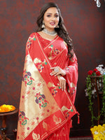 Thumbnail for Lorenvalley Fashion Red Soft Paithani Silk Woven Design Gold Zari Meenakari Weaving Saree - Distacart