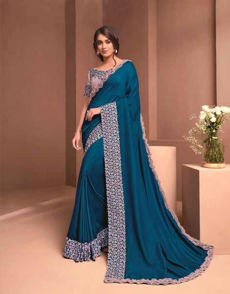 Teal Blue Colored Silk Georgette Embroidered Saree With Unstitched Blouse - Norita Raissa - Distacart