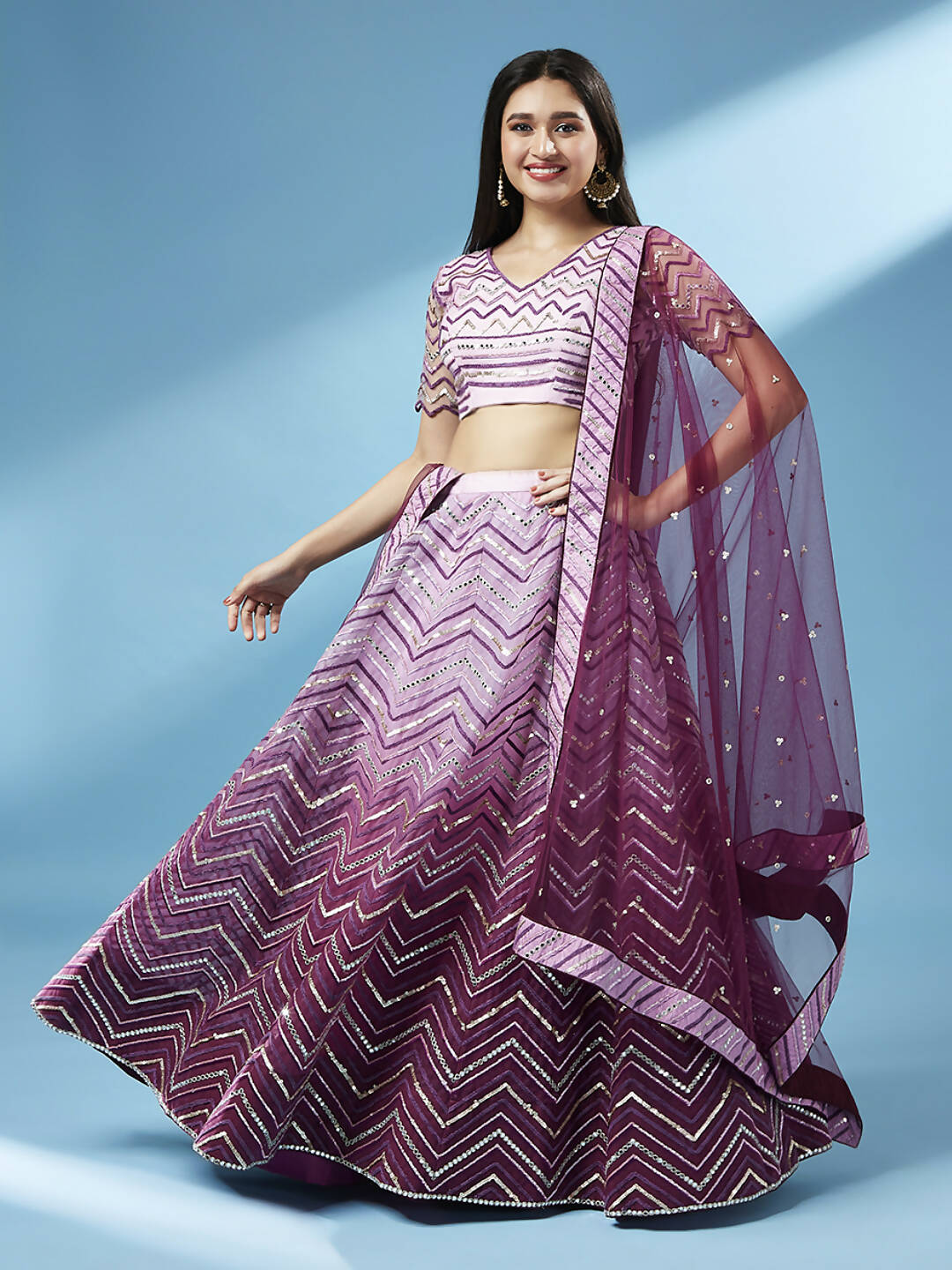 House of Panchhi Women Lavender Net Zig-Zag Embroideried Lehenga, Blouse & Dupatta - Distacart