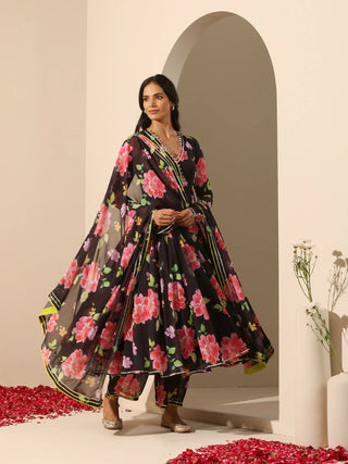 Pomcha Jaipur Black Gul Gulabi Phool Anarkali Set - Distacart