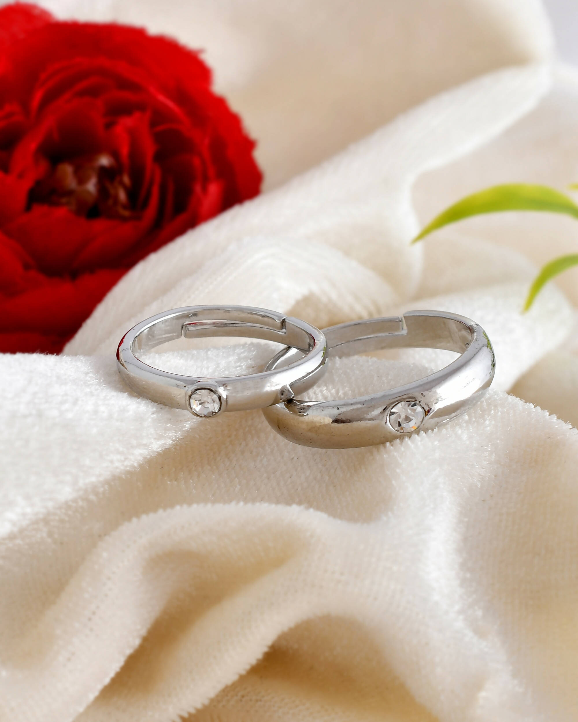 VOJ Stainless Steel Cubic Zirconia Silver Plated Adjustable Ring Set for Couple - Distacart