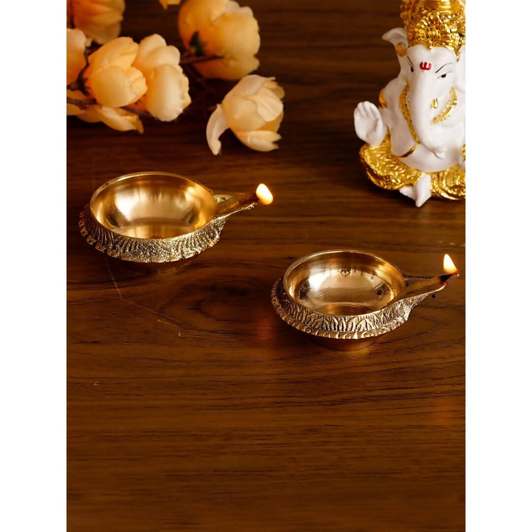 eCraftIndia Set of 2 Gold-Toned Auspicious Handcrafted Brass Diya - Distacart