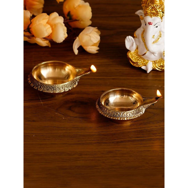 eCraftIndia Set of 2 Gold-Toned Auspicious Handcrafted Brass Diya - Distacart