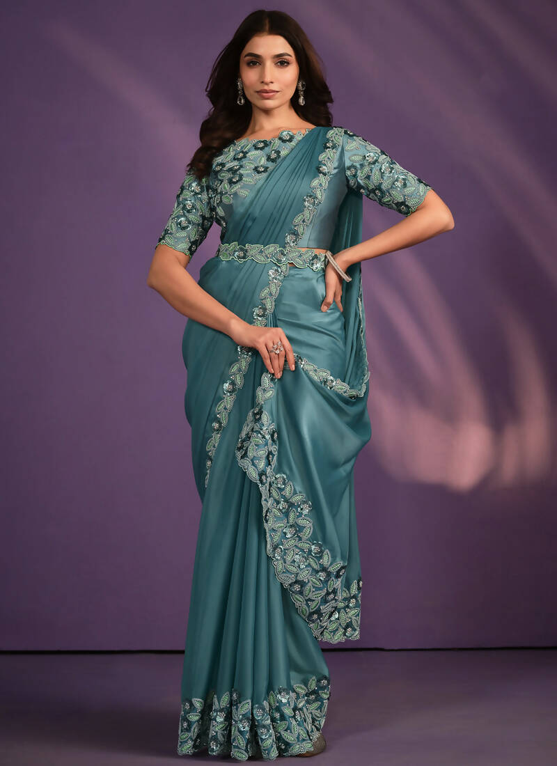Rama Crepe Satin Silk Embroidered Saree With Stitched Blouse - Mohmanthan Exotica - Distacart