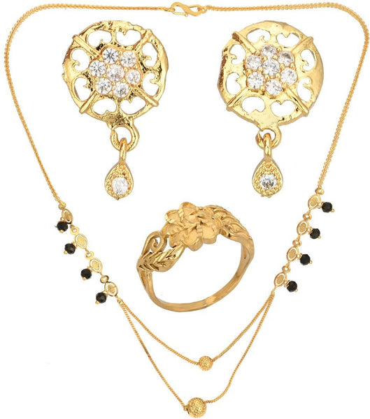 AanyaCentric Gold-plated Jewelry Combo: Elegant Short Mangalsutra, Finger Ring, and American Diamond Earrings Set - Distacart