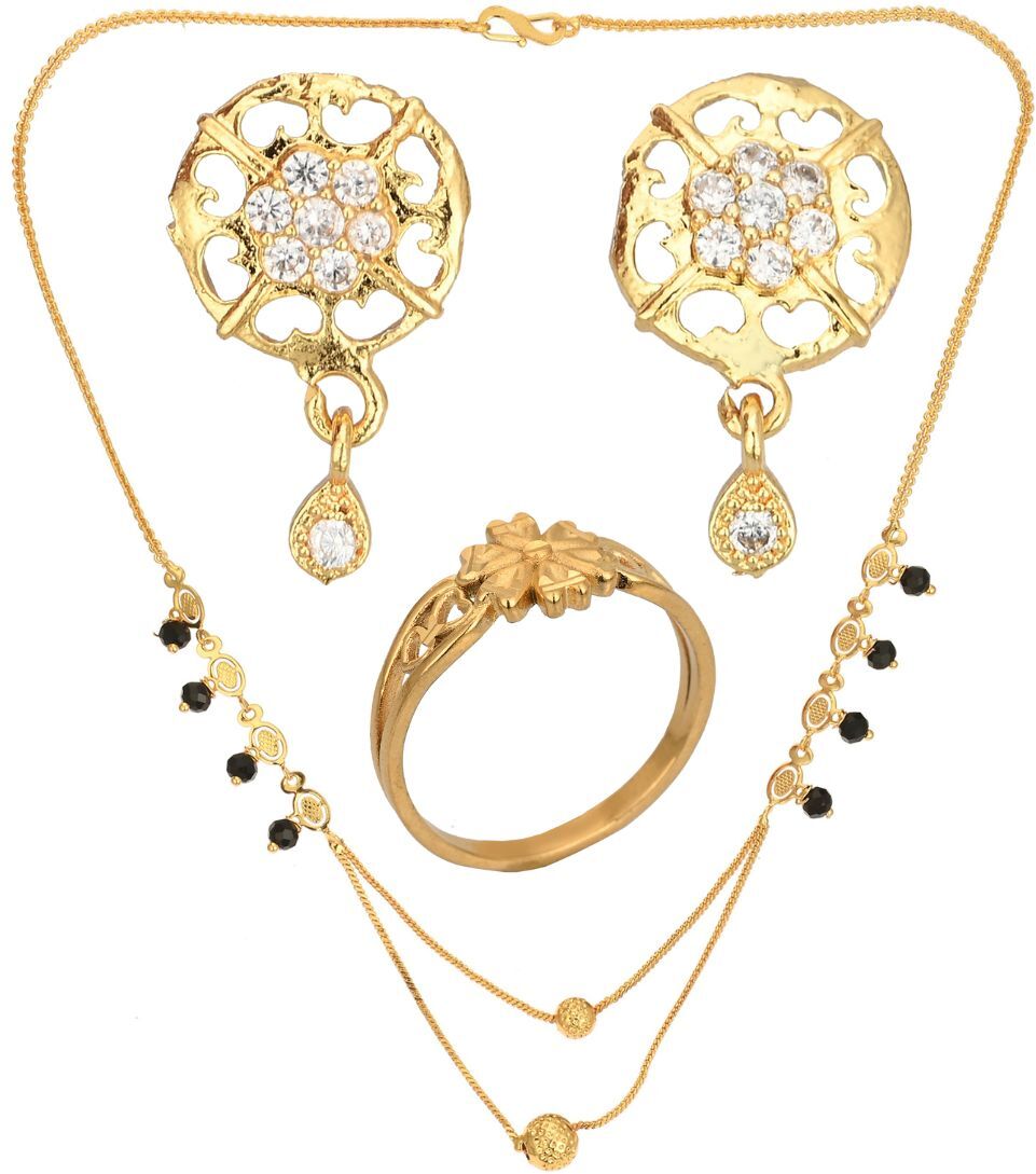 AanyaCentric Gold-plated Jewelry Combo: Elegant Short Mangalsutra, Finger Ring, and American Diamond Earrings Set - Distacart