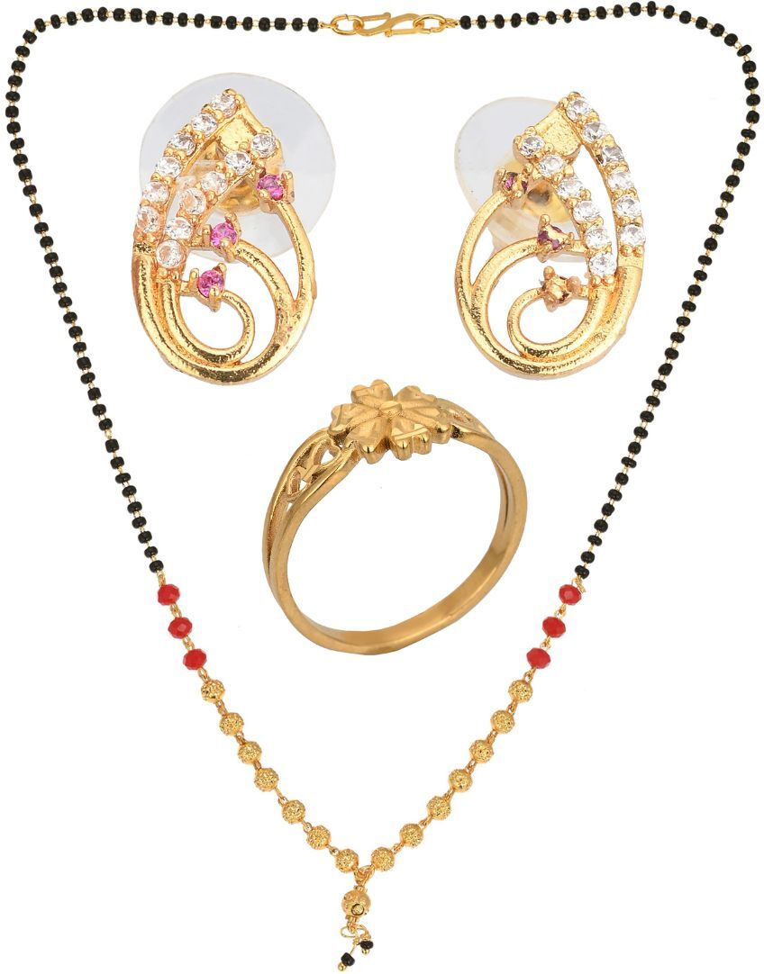 AanyaCentric Gold-plated Jewelry Combo: Elegant Short Mangalsutra, Finger Ring, and American Diamond Earrings Set - Distacart