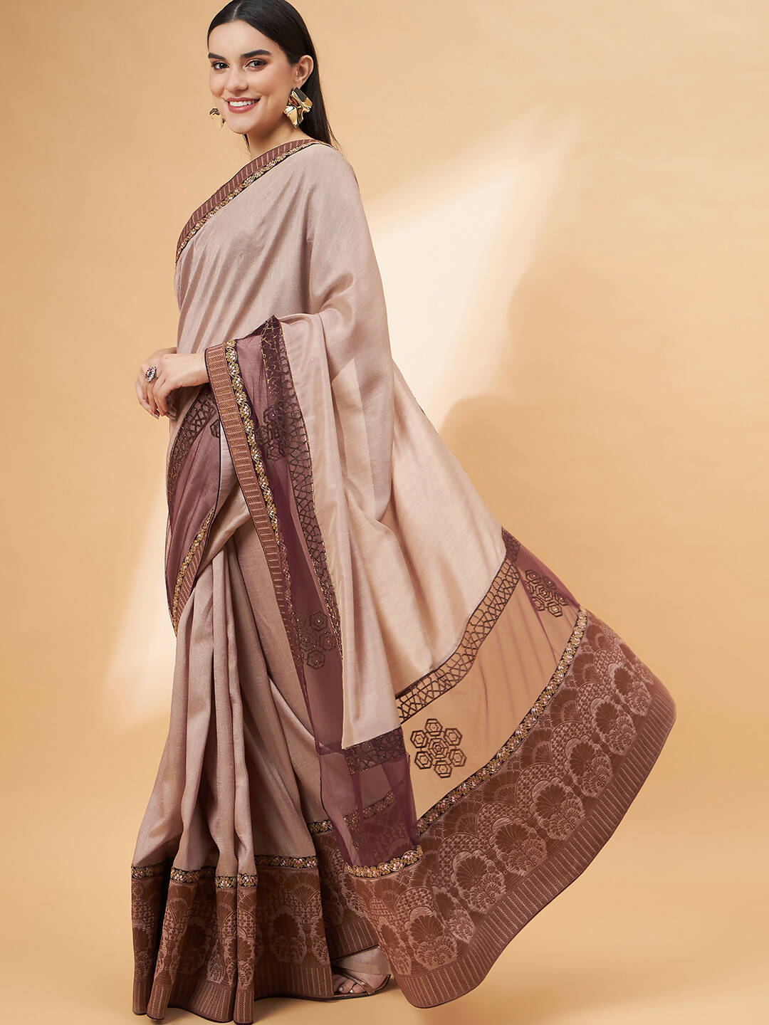 Beige, Purple Tussar Silk Zari, Thread And Cord Embroidery, Laser Cut Applique Saree - Norita Hit Design - Distacart