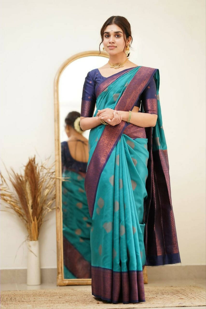 DEIANA'S Beautiful Golden Jari with New Design Soft Lichi Silk Saree - Sky - Distacart