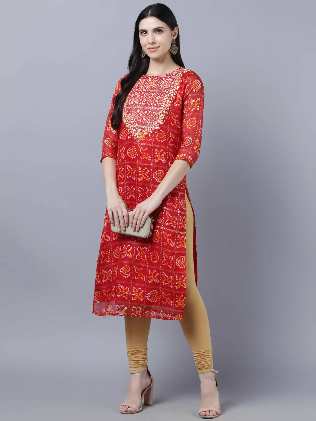 Myshka Women Red Yellow Bandhani Printed Mirror Work Kurta - Distacart