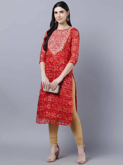 Myshka Women Red Yellow Bandhani Printed Mirror Work Kurta - Distacart