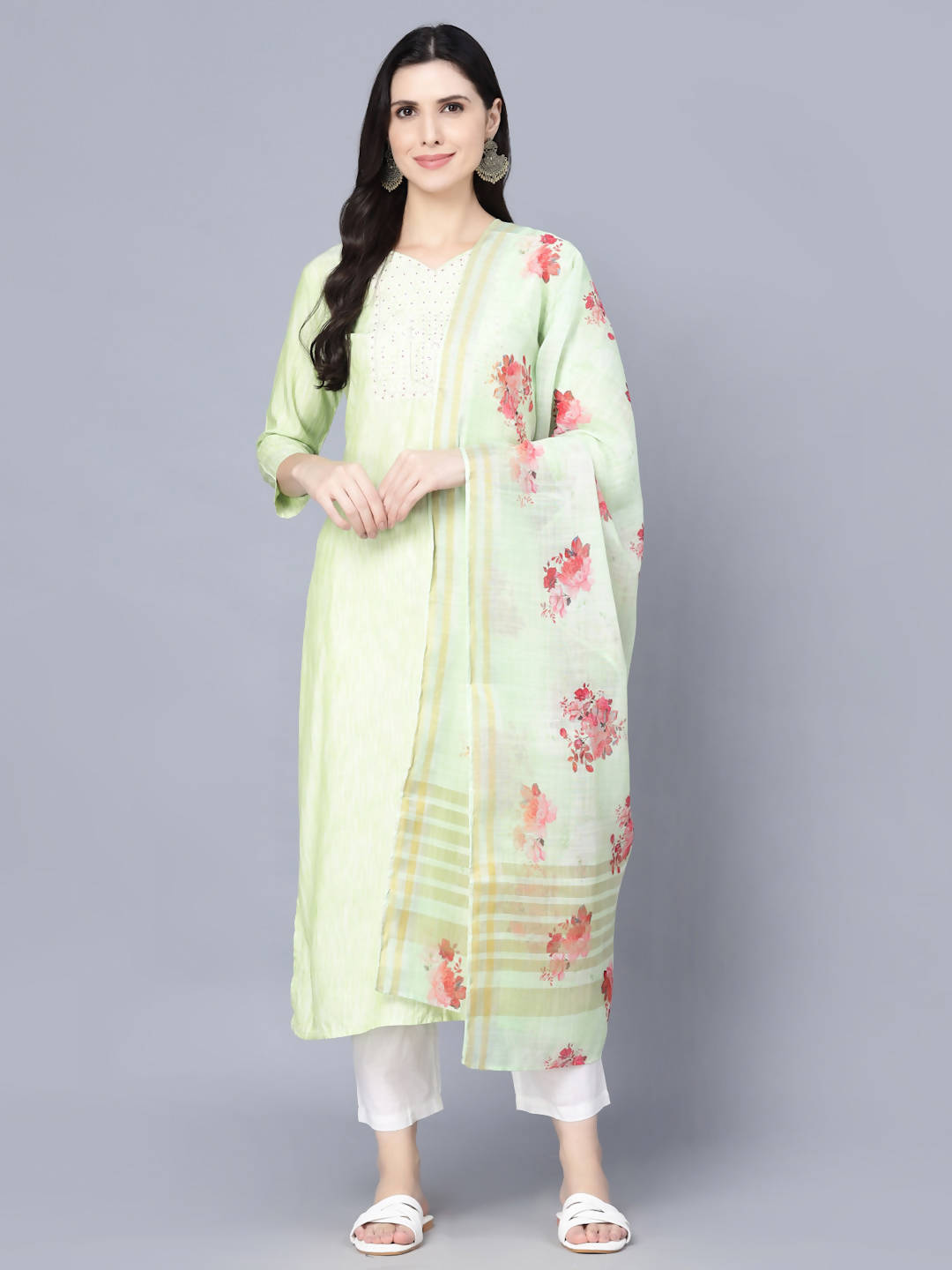 Myshka Women Lime Green Floral Printed Panelled Pure Cotton Kurti with Trousers With Dupatta - Distacart