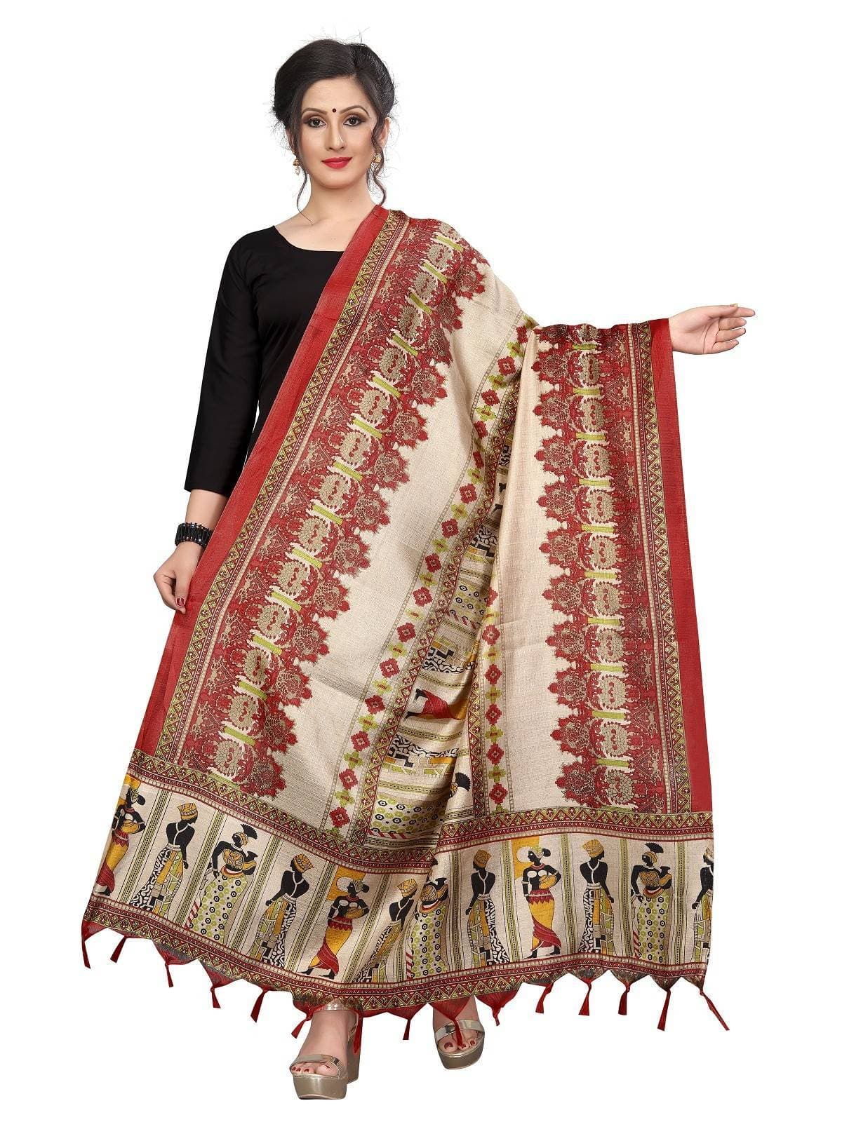 Vamika Red Latest Printed Khadi Bhagalpuri Dupatta