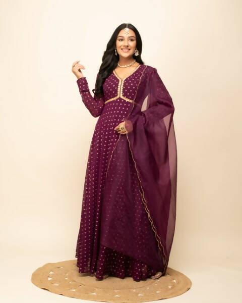 FIORRA Women's Wine Georgette Anarkali Kurta With Dupatta - Distacart