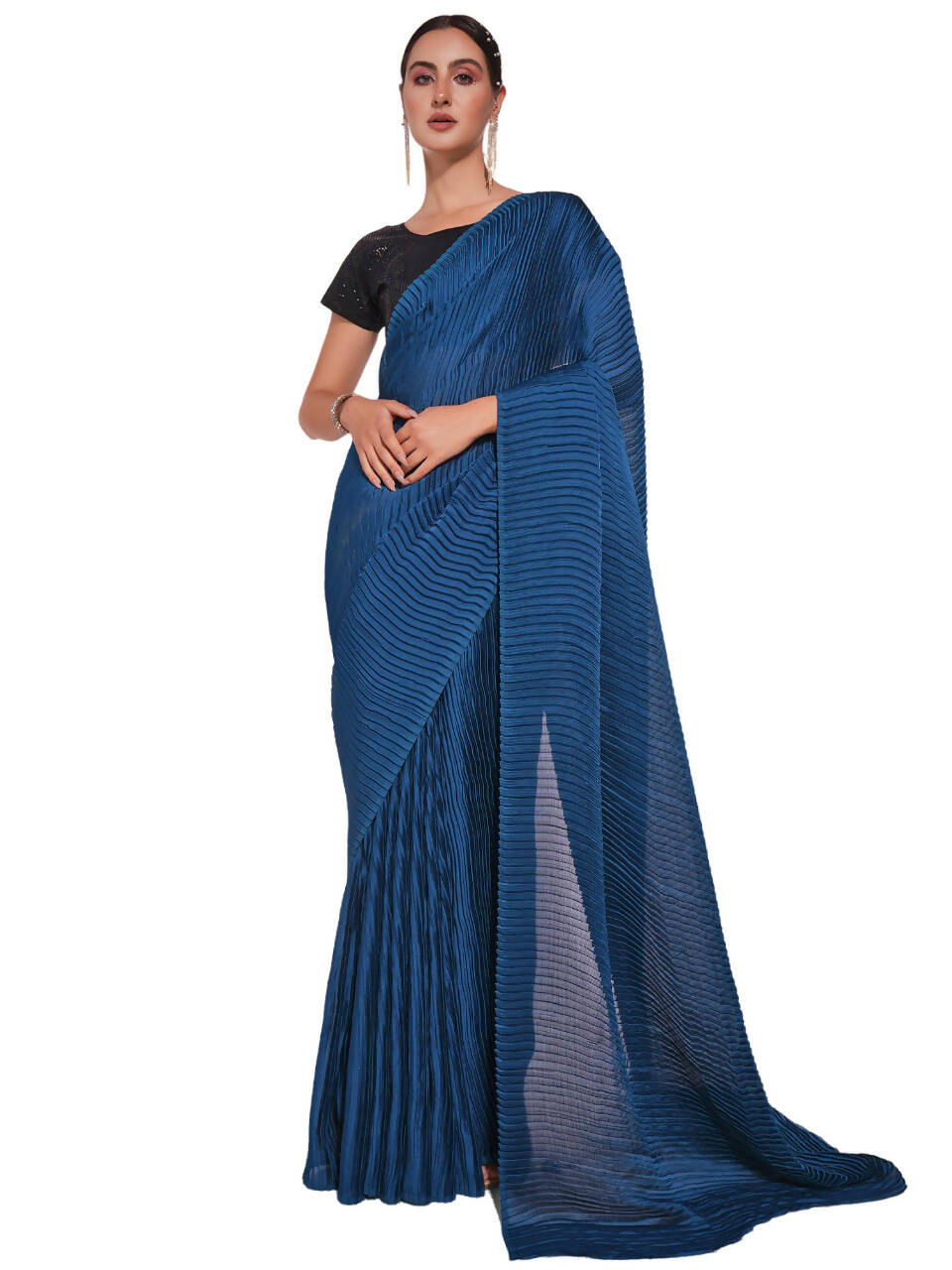 Teal Georgette Solid Texture Saree With Unstitched Blouse Piece - Rajal - Distacart