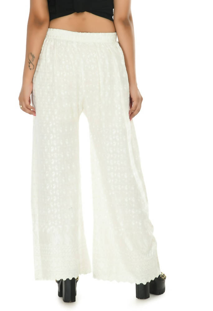 Mominos Fashion Moeza Reyon Cotton Off White Color Chikan Work Palazzo