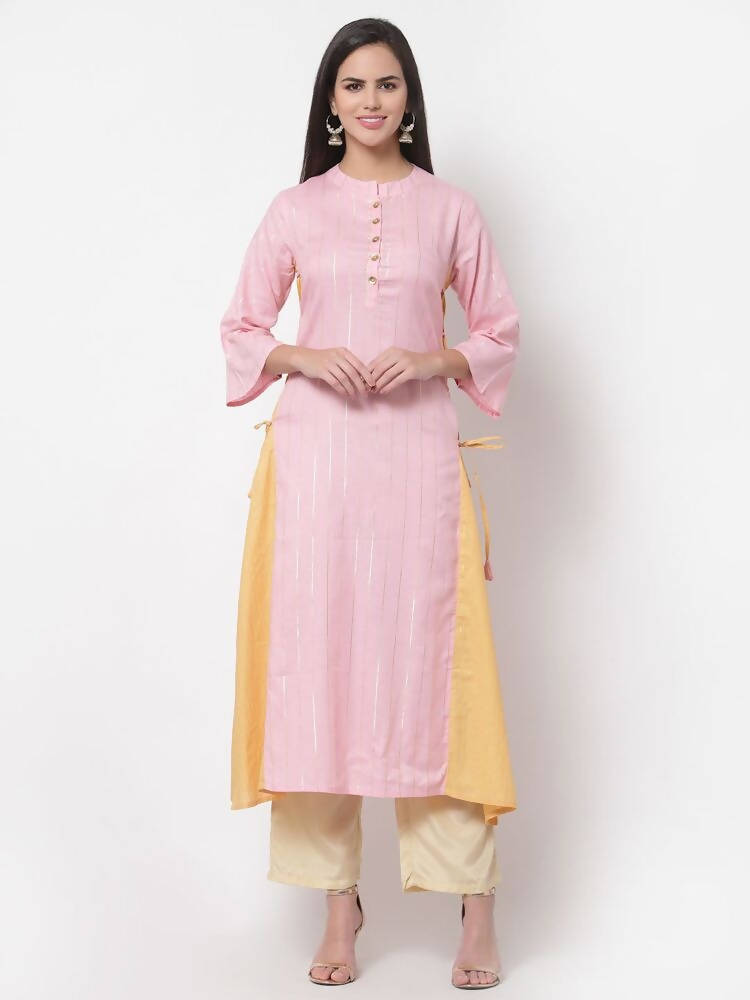 Myshka Women's Pink Solid 3/4 Sleeve Cotton Round Neck Dress