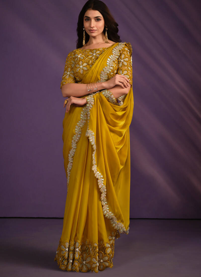Mustard Crepe Satin Silk Embroidered Saree With Stitched Blouse - Mohmanthan Exotica - Distacart