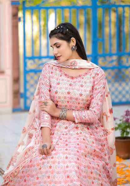 Functional Designer Off White-Light Pink Dola Silk Anarkali suit with Dupatta - Ramya - Distacart
