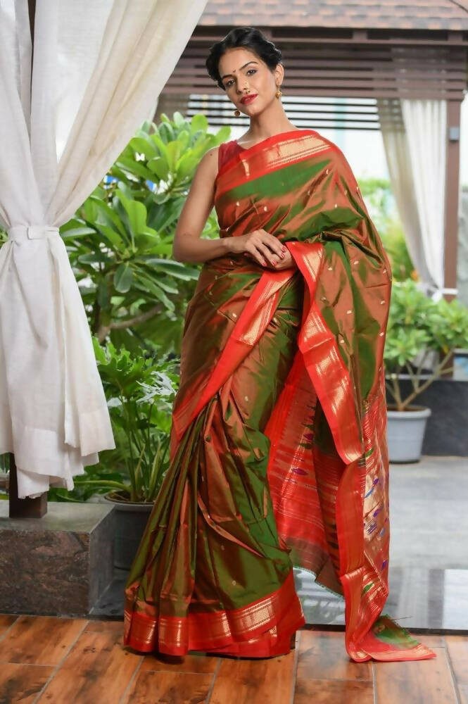 Very Much Indian Pure Silk Yeola Handloom Green Red Dual Tone - Paithani Saree With Traditional Double Pallu - Distacart