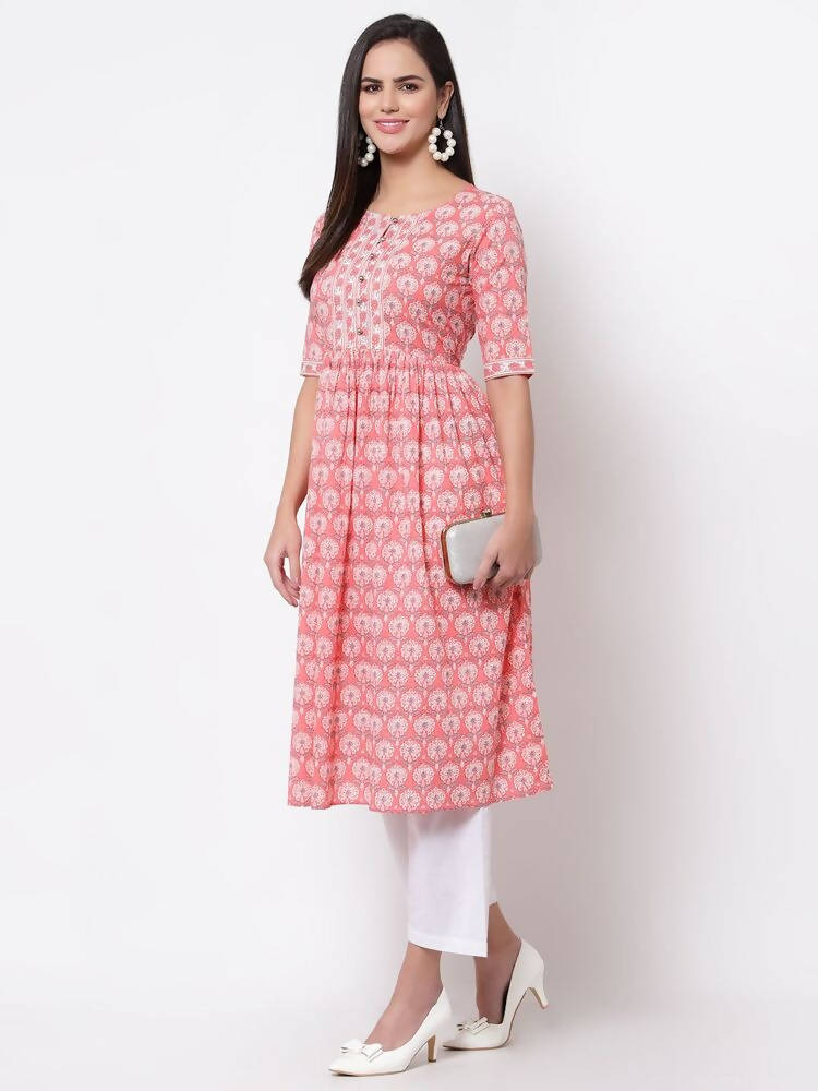 Myshka Women's Pink Printed 3/4 Sleeve Cotton Round Neck Dress