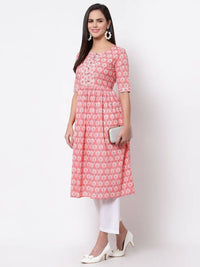 Thumbnail for Myshka Women's Pink Printed 3/4 Sleeve Cotton Round Neck Dress