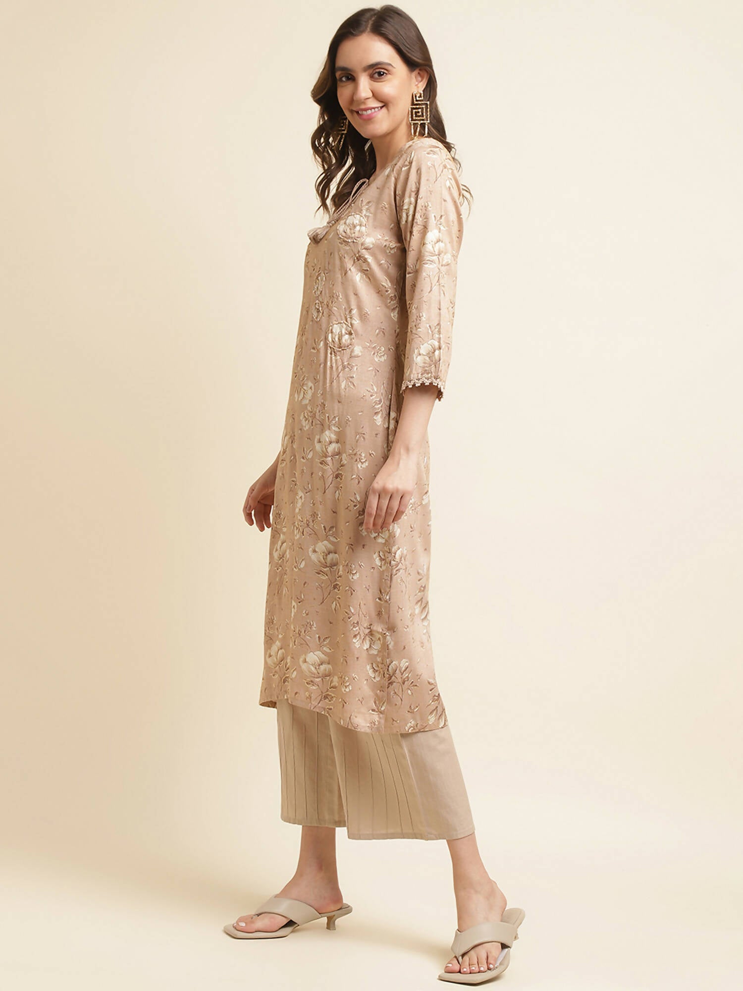 Beige Poly Rayon Floral Printed Straight Kurta - Prasuti - Distacart