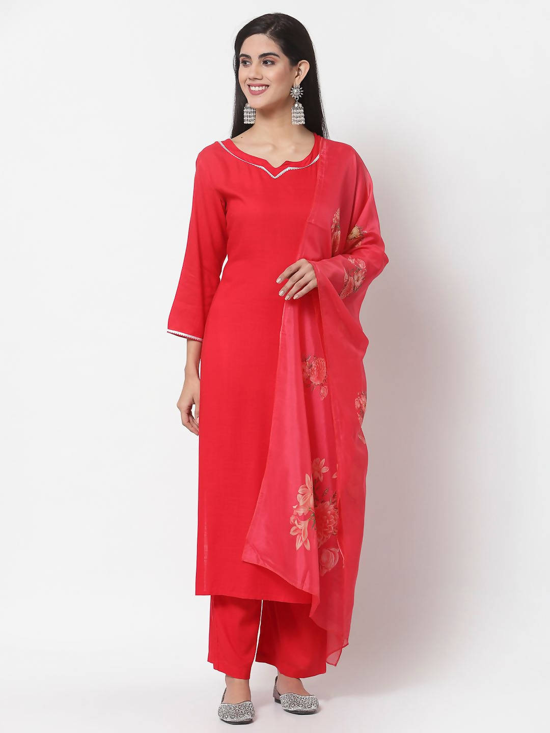 Myshka Red Cotton Solid 3/4 Sleeve Square Neck Casual Kurta Pant Dupatta Set