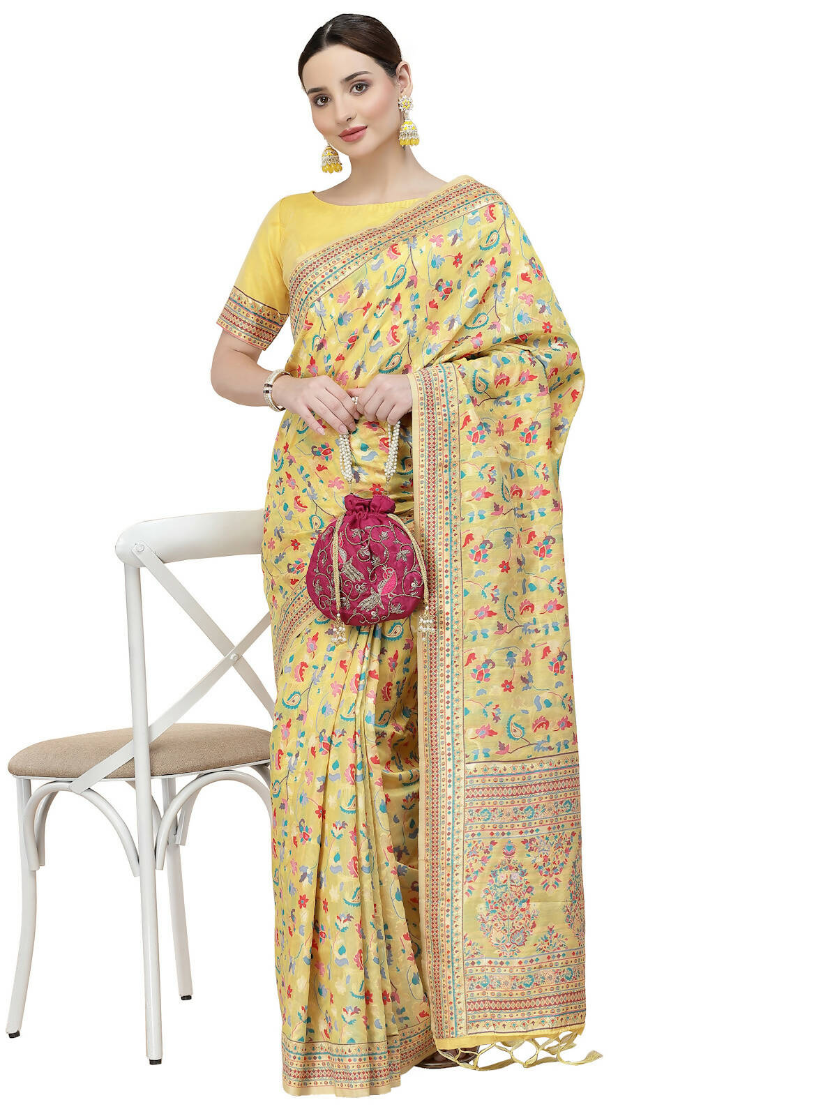 Yellow Silk Blend Woven Design Saree With Unstitched Blouse Piece - Aloki - Distacart