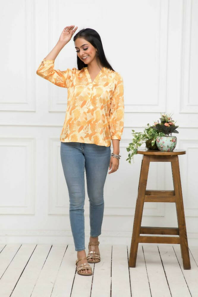 Myshka Women Floral V-Neck Regular Sleeves Polyester Mustard Top - Distacart