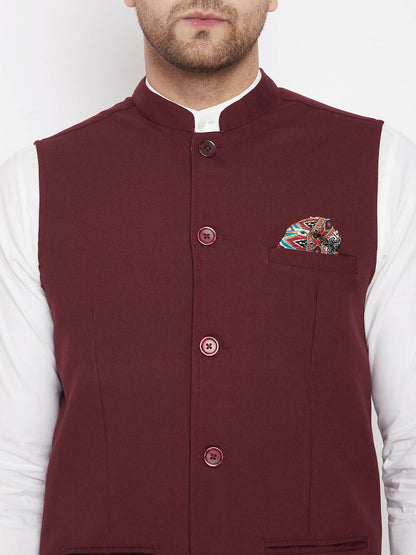 Even Apparels Maroon Merino Men's Nehru Jacket-Contrast Lining-Inbuilt Pocket Square - Distacart