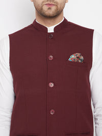 Thumbnail for Even Apparels Maroon Merino Men's Nehru Jacket-Contrast Lining-Inbuilt Pocket Square - Distacart