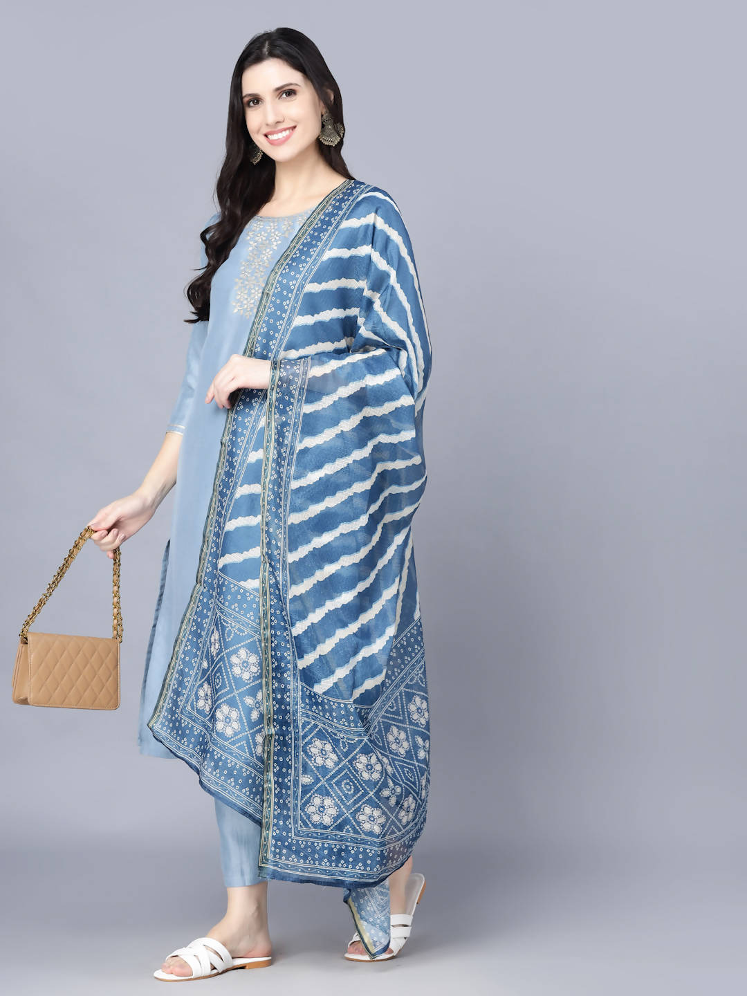 Myshka Women Blue Ethnic Motifs Panelled Kurta with Trousers With Dupatta - Distacart