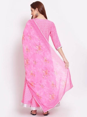 Myshka Women's Pink Printed Cotton Blend 3/4 Sleeve V Neck Casual Anarkali Kurta Dupatta Set