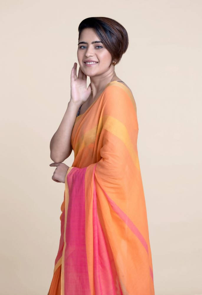 Suta Orange Pink Striped Mul Saree - Distacart